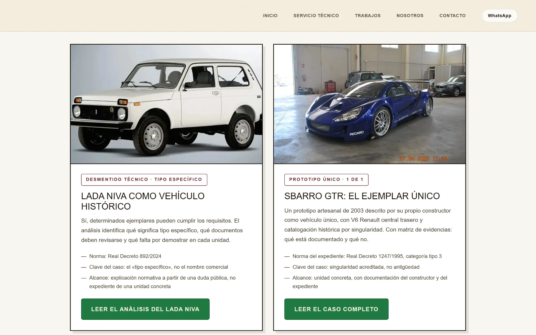 Archivo de casos: fichas de un Lada Niva y un Sbarro GTR, cada una con su norma, su clave y su alcance.
