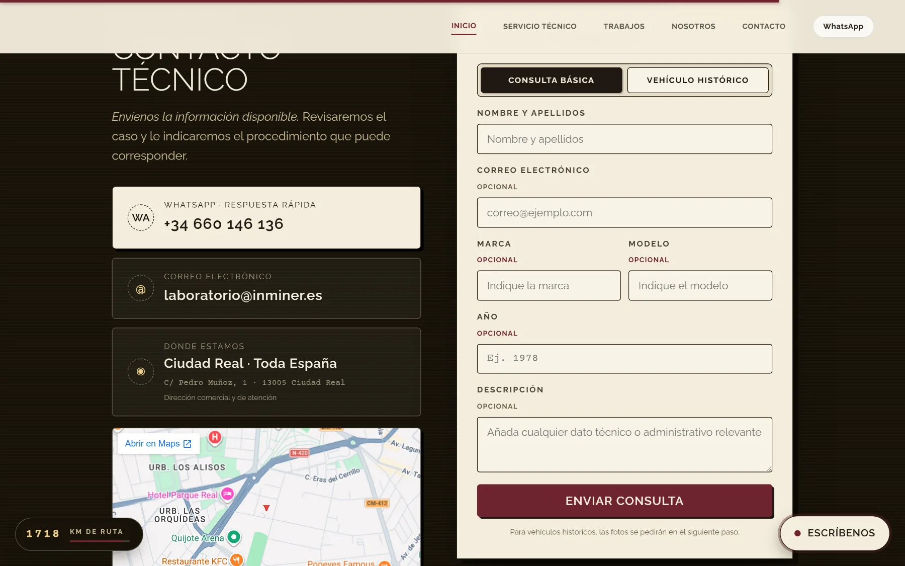 Ficha de consulta de la portada, con dos pestañas —consulta básica y vehículo histórico— y campos marcados como opcionales.