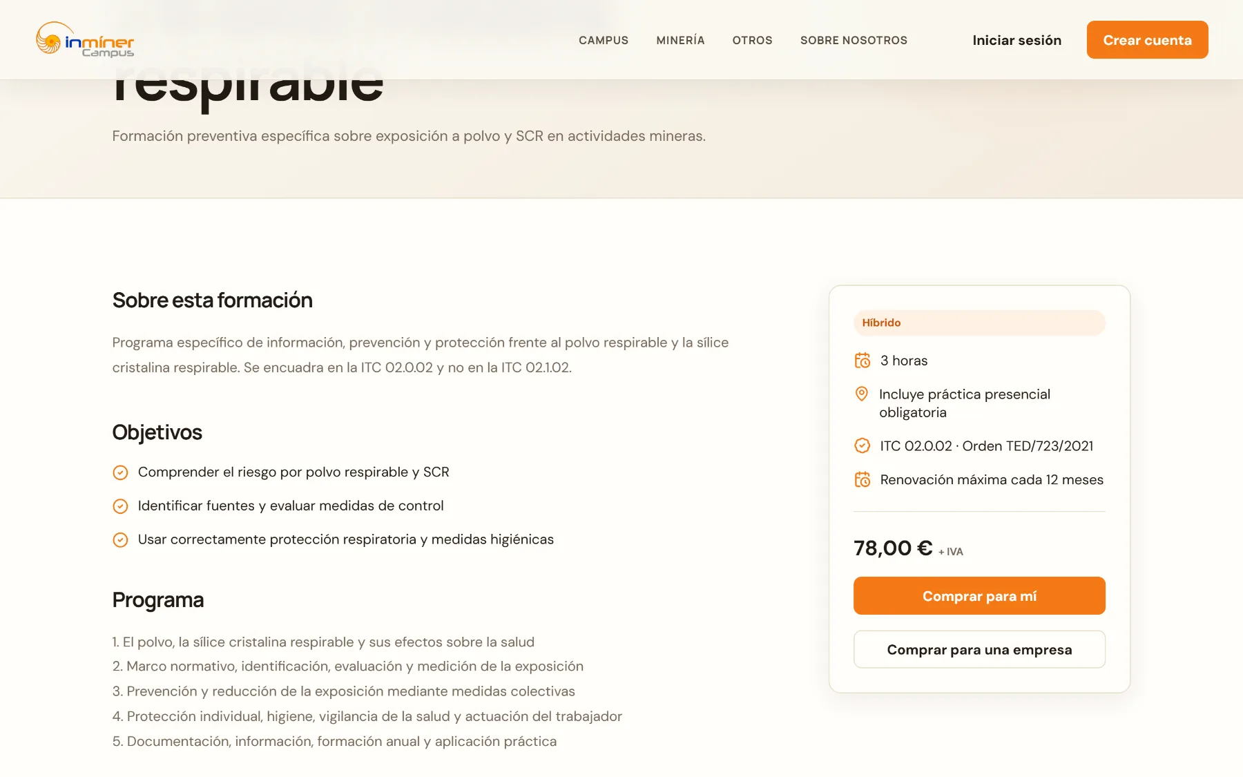 Ficha del curso de prevención frente al polvo y la sílice, con el panel lateral de compra individual o para empresa.